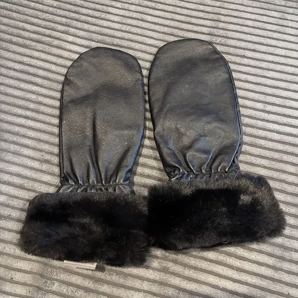 VTG Wilsons Women's Gloves Black Faux Fur Cuff Leather Fleece Large